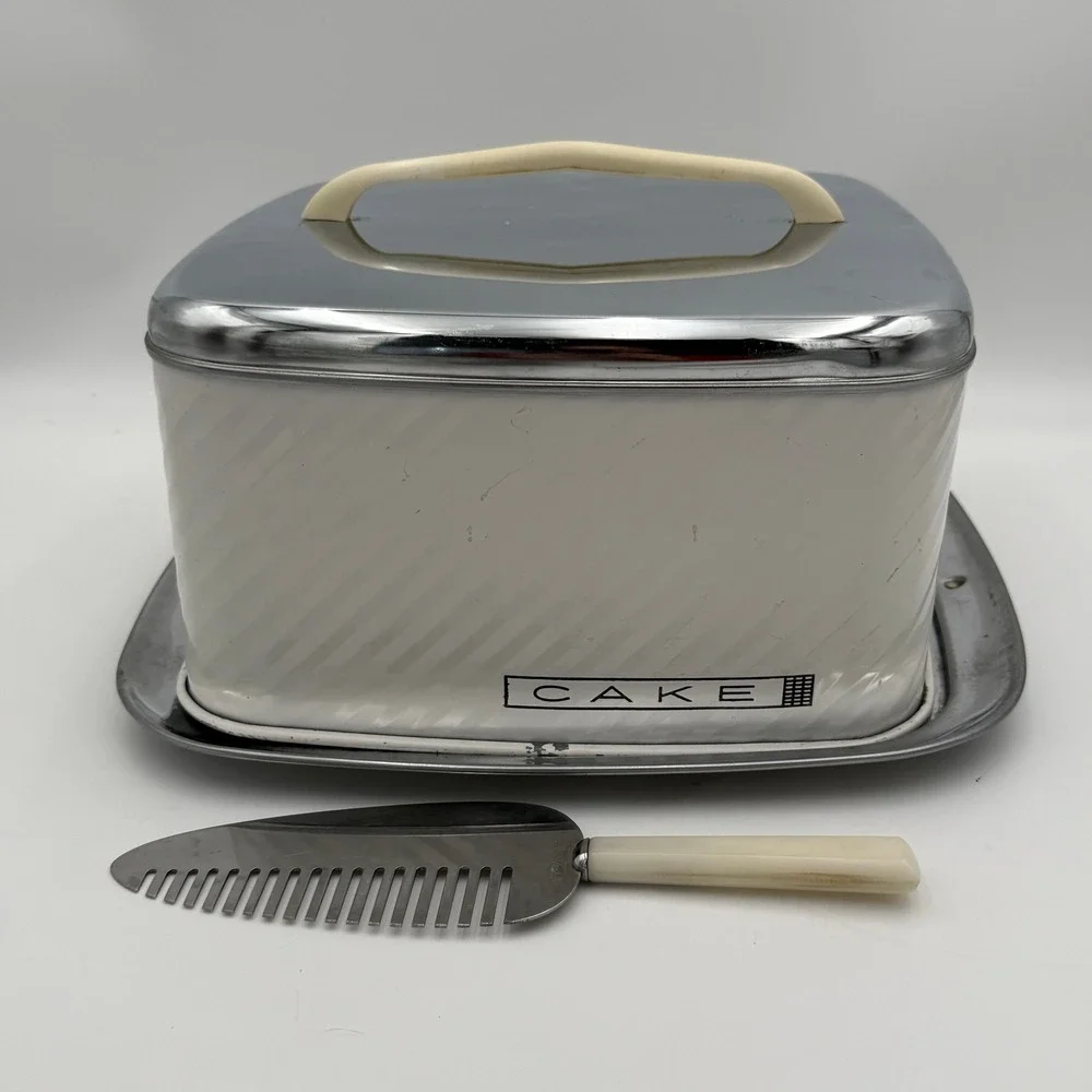 Vintage Mid Century Chrome Metal Cake Carrier Box with Tray and Server Cream